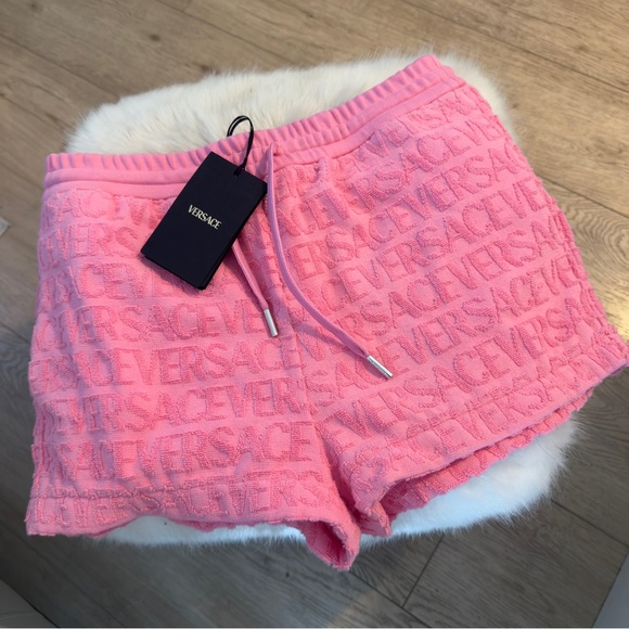 Versace Pants - Versace Pink Logo-Terry High Waist Shorts